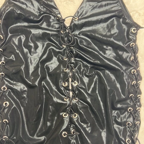 OMG Swimwear One Piece Shiny Black Sexy Tie‎ Up SwimSuit Sz M - Picture 2 of 7